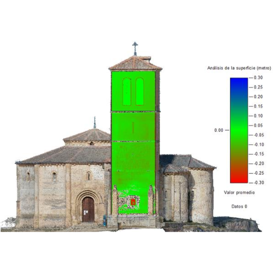 Análisis del paramento vertical de la torre campanario de la Iglesia de la Veracruz (Segovia), representado mediante un mapa de desviaciones superficiales codificado por colores, donde se identifican variaciones métricas respecto al plano de referencia (Copyright: GESYP-UPM).
