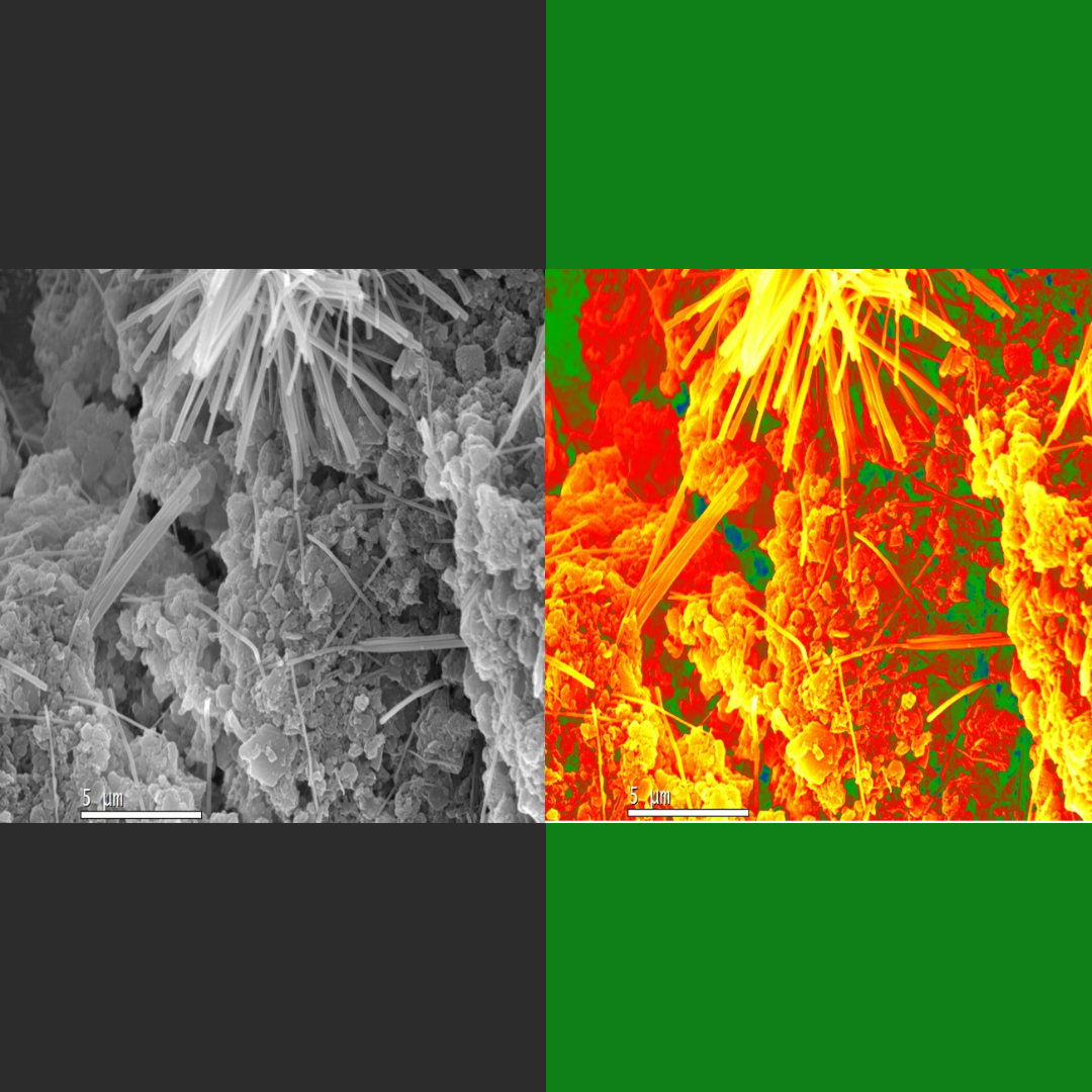 Mortero de cal con nanopartículas observado bajo SEM. Izquierda: cristales de calcita y haces aciculares de C-S-H generados por carbonatación y reacción puzolánica. Derecha: segmentación digital de la misma microestructura, con poros y fisuras resaltados en verde (Copyright: PAP-IGEO).